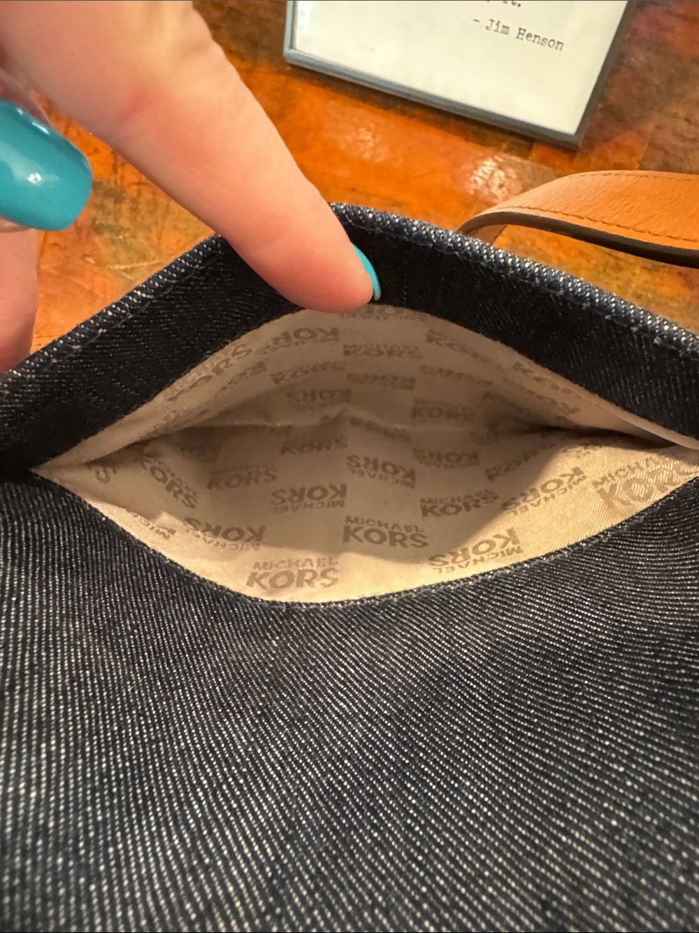 Michael Kors Navy Denim Tote with Tan Leather Trim - Picture 7 of 14